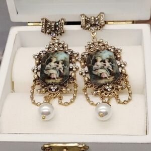 Vintage Estate Palace Crystal Pearl Oil Painting Gold Drop Earrings